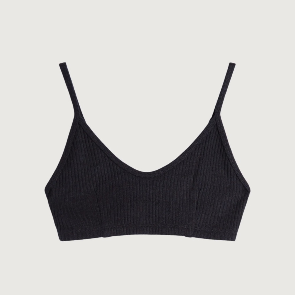 Black V-Neck Ribbed Knit Bra
